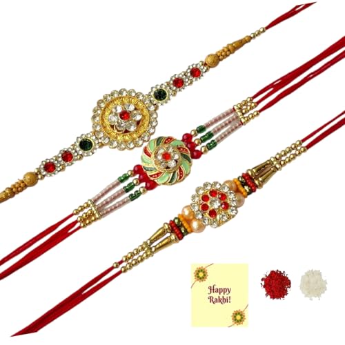 DMS RETAIL Diamond Studded Floral Kundan Rakhi Combo For Brother With Roli Tilak and Greetings Card Set Of 3 Rakhi For Bhaiya