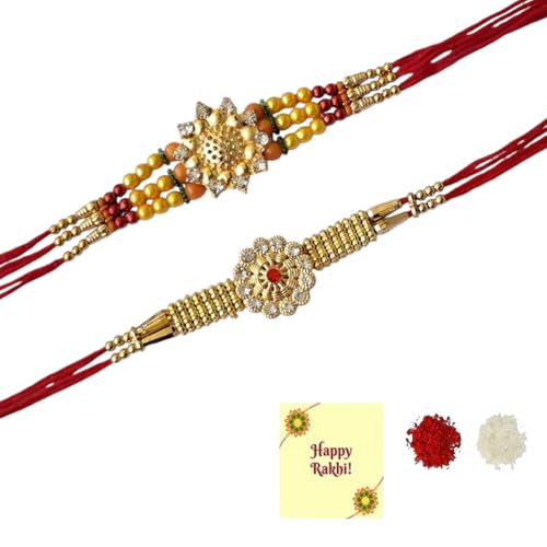 DMS RETAIL Designer Handcrafted Stone Pearl Rakhi and Roli Chawal Pack Greetings Card