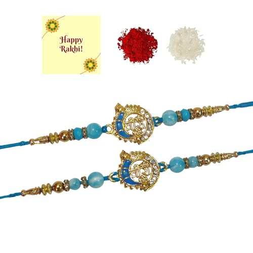 DMS RETAIL Pearl Studded Veera Raksha Bandhan Rakhi Elegant Traditional Handmade Colorful Peacock Dori Beads With Roli kumkum And Greeting Card Bro/Brother/Bhaiya/Bhai Set Of 2