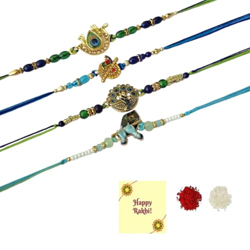 DMS RETAIL Set of 4 Peacock Rakhi Feather Krishna Flute Moli Thread Rakhi Band For Brother With Roli Chawal Grertings Card