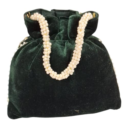 DMS RETAIL Handcrafted with Pearl Handle and Tassels | Embroidered Bridal Clutch for Weddings, Parties, and Gifting | Elegant Drawstring Potli for Women (GREEN)