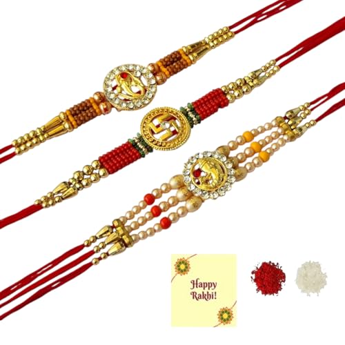 DMS RETAIL Ganesh Ji OM Swastik Designer Rakhi for Brother Sister Raksha Bandhan Gift Band Bracelet Stone Moli for Brother Bhaiya Bhai Roli Tilak Pack Greetings Card Set Of 3