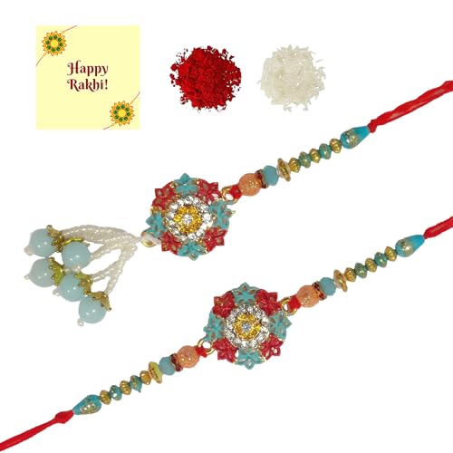 DMS RETAL Couple Rakhi for Bhaiya Bhabhi Raksha Bandhan Gift Band Moli Bracelet Stone Pearl Rakhi for Brother Rakhi with Roli Tilak Greetings Card