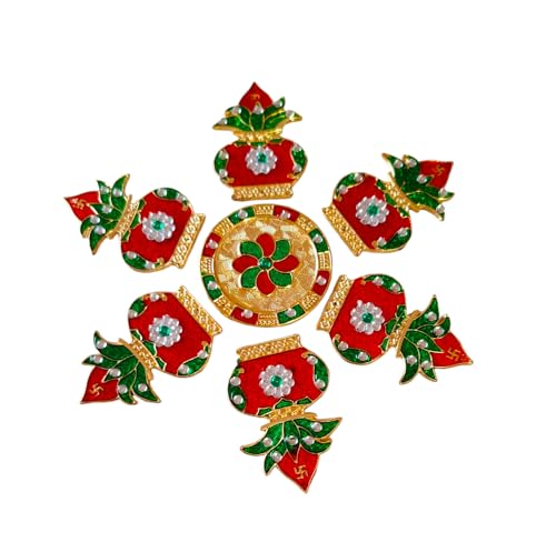 DMS RETAI Metal Kalash Handcrafted Decorative Rangoli Set for Floor Decoration for Diwali Puja Functions, Multicolor, 9 Inch, 7 PCS