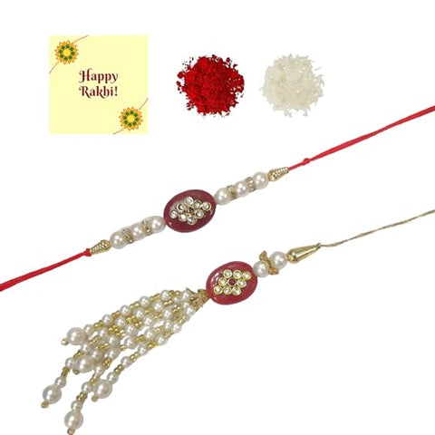 DMS RETAIL Bhaiya Bhabhi Meenakari Pearl Couple Rakhi Set| Couple Rakhi| Kundan Rakhi Raksha Bandhan Greeting CardRakhi For Brother Rakhi Gift Set Rakhi Combo Bhaiya Rakhi Combo Rakhi Set of 1