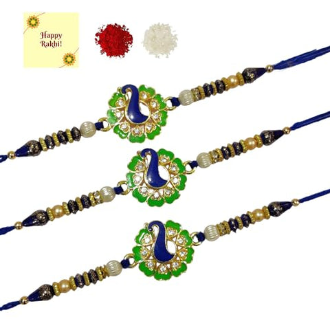 DMS RETAIL Rakhi for Brother | Rakhi Combo for Brother Rakhi Set for Brother Kundan Bhaiya Bhabhi Rakhi Set | Rakhi Set for Brother & Sister | Rakhi with Roli, Chawal and Greeting Card