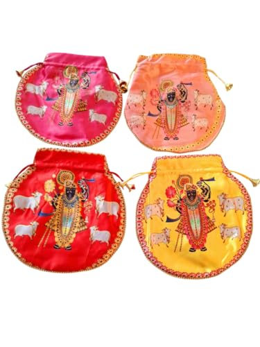 DMS RETAIL Shrinathji Digital Print Potli Bags for Gift, Shagun Potlis, Traditional Purse for Ladies, Potli Pouches with Pearl Handle, Shagun Potlis for Housewarming