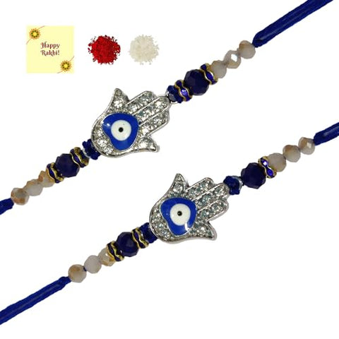 DMS RETAIL Rakhi Evil Eye Rakhi Set of 2 for Brother Bhaiya Designer Rakhi for Boy Kids Rakshabandhan Rakhi Evil Eye Hand Rakhi Set With Roli Chawal And Greetings Card