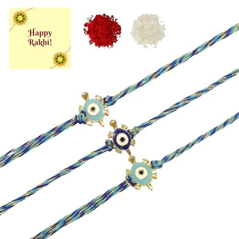 DMS RETAIL Blue Evil Eye Tortoise Pearl with Diamond Attractive Rakhi for Brother with Roli Chawal and Rakshabandhan Greeting Card Set OF 3 Rakhi