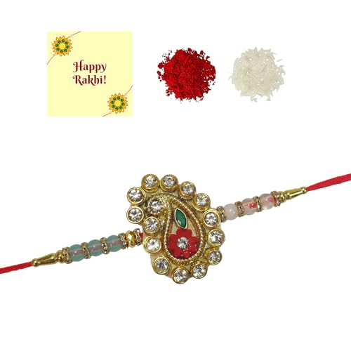 DMS RETAIL Set Of 2 Heavenly Kundan Designer Gold Plated Premium Rakhi for Brother With Roli Chawal & Greeting Card | Rakhi for Bhaiya | Rakhi for MEN | Kundan Rakhi |