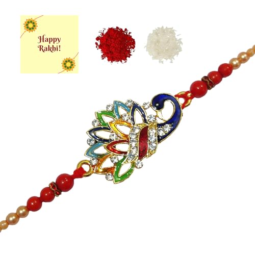 DMS RETAIL Multicolor Pearl And Diamond Studded Rakhi For Brother Rakhi Bracelet For Brother Pack Of 3 Peacock Rakhi With Roli Chawal And Greetings Card