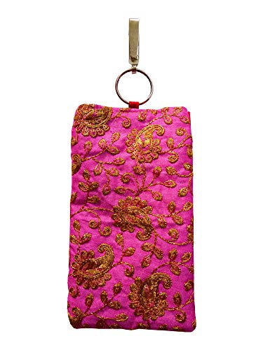 DMS RETAIL Pink Floral Ethnic Jardosh Work Embroidered Mobile Pouch for Women with Waist Clip and Belt