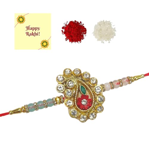 DMS RETAIL Kundan Decorative Rakhi for Brother with Rakshabandhan Greeting Card for Boys Men Combo Of 3 Rakhi Set