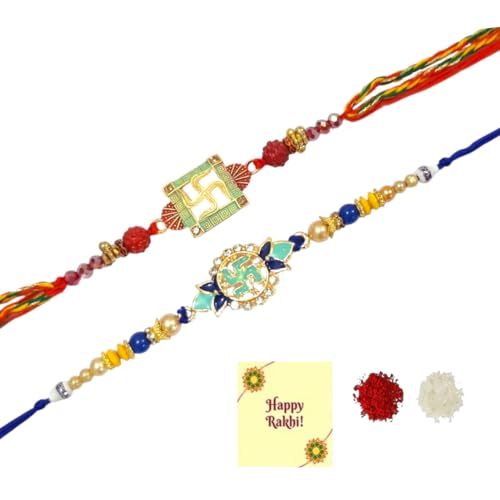 DMS RETAIL Swastik Bracelet Rakhi For Brother Set Of 2 Traditional Religious Rakhi With Roli Tilak And Greetings Card