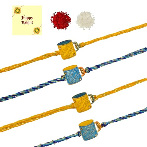 DMS RETAIL Set Of 4 Chota Bhai Rakhi for Brother Gold Plated Kudan Stone Rakhi Designer Rakhi Raksha Bandhan Moli Bracelet for Brother with Roli Tilak And Greetings Card