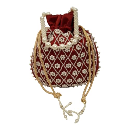 DMS RETAIL Potli | Beadwork Pear Wedding Potli | Beads Handle Potli | Wallet Potli | Christmas Gift Potli | Baby Shower Potli | Lucknowi Potli | Embroidery Potli (MAROON)