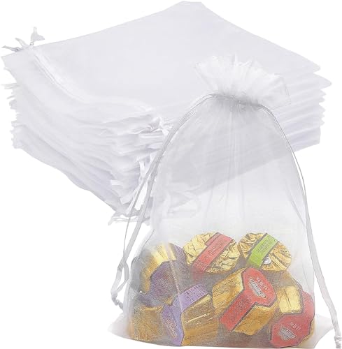 DMS RETAIL White Plain Organza Return Gift Bags|Drawstring Pouches For Wedding Plain Organza Bag Plain Pouches Sheer Net Tissue Poltis Pack Of 50 PCS (10X14 CMS)
