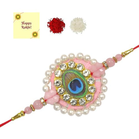 DMS RETAIL Kundan Decorative Pearl Peacock Feather Rakhi for Brother with Rakshabandhan Greeting Card for Boys Men Set Of 1 Rakhi