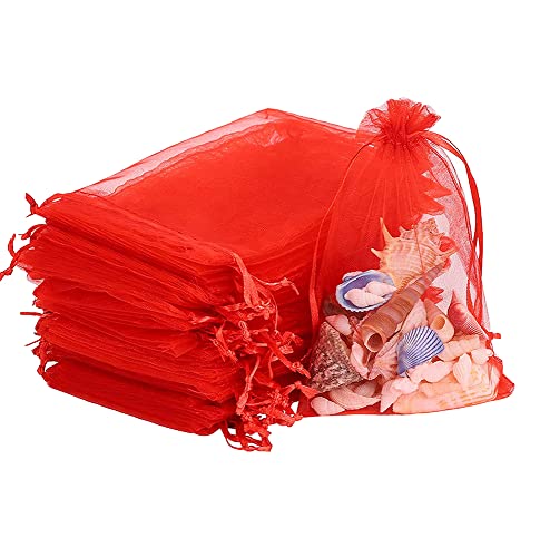 DMS RETAIL Plain Non Printed Clear - Organza Favor Jewellery Pouch, Shagun Potli Bags Drawstring Pouches For Wedding Plain Organza Bag Pouches Sheer Candy 13X18 CMS Pack Of 30 Bags (RED)