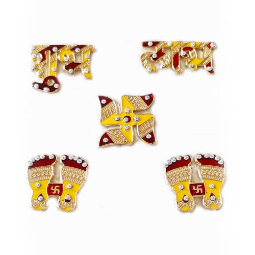 DMS RETAIL Metal Shubh Labh Swastik Laxmi Charan Sticker for Diwali Decoration|Door Entrance Sticker Temple Decoration Floor Decoration-Complete Family Shubh Labh