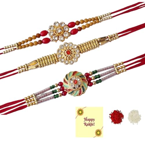 DMS RETAIL Unisex Adult Multicolor Set Of 3 Floral Designer Kundan Rakhi With Roli Chawal Pack - Rakhi For Brother, Bhaiya, Bhai Greeting Card
