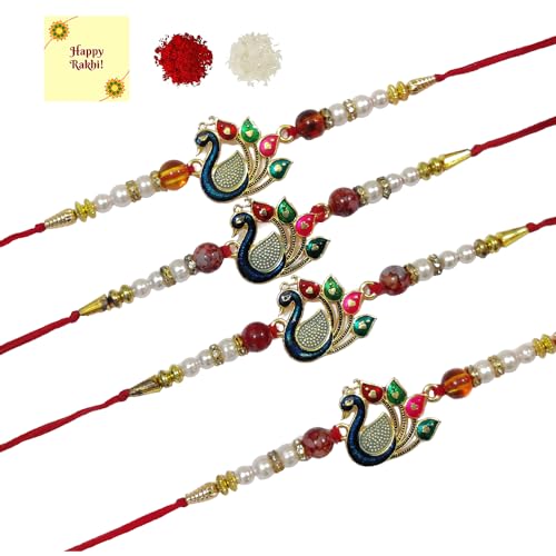 DMS RETAIL Beautiful Handmade Peacock Rakhi With Card For Brother (Pack of 4 Rakhi, Blue,Roli Chawal Greetings Card) Bhaiya rakhi, Rakhi For Brother, Peacock Rakhi, Rakhi Gift For Bhai