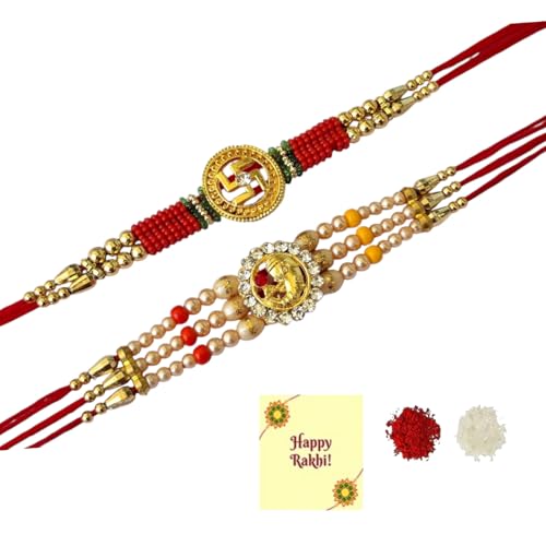 DMS RETAIL Special combo Set Of 2 Kundan Studded Ganesh And Swastik Rakhi For Brother with Roli Chawal and Raksha Bandhan Greeting Card For Men