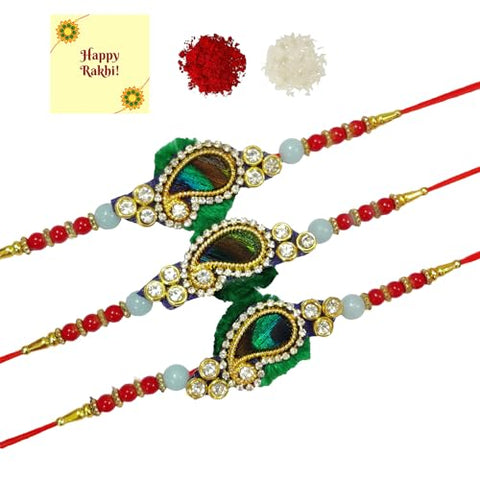 DMS RETAIL Multicolor Diamond Studded Bracelet Rakhi for Brother with Roli Chawal Bhaiya Bhabhi Rakhi Pack of 3 Rakhi With Roli Chawal And Greetings Card