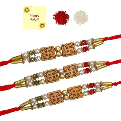 DMS RETAIL Rakhi for Brother with Roli Chawal Set of 3 Rakhi Bhaiya Bhabhi Rakshabandhan Rakhi Rakshabandhan Dora Rakhi Moli Swastik Rakhi With Greetings Card