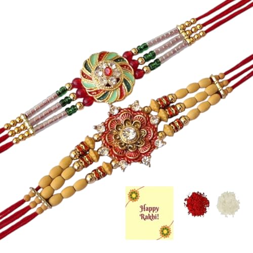 DMS RETAIL Designer Rakhi Set for Brother (Pack of 2) – Traditional Indian Rakhi with Kundan Work, Elegant Stones & Red Thread – Raksha Bandhan Gift