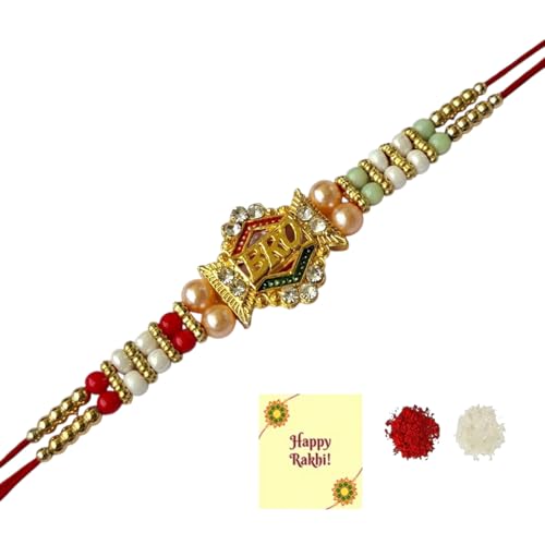 DMS RETAIL Golden Plated Bro Rakhi Raksha Bandhan Gift Band Bracelet Rakhi with Roli Tilak & Best Brother