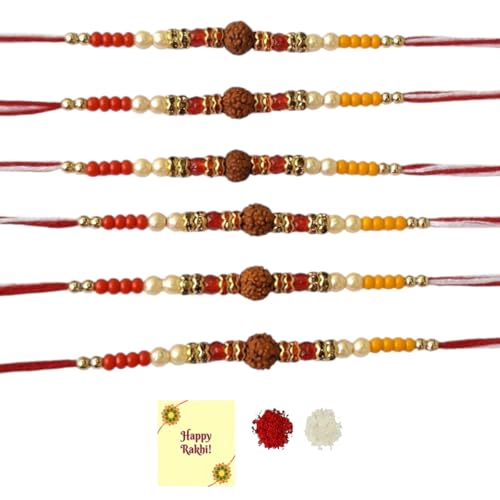 DMS RETAIL Set of 6 Dora Rakhi Threads Handmade with Cotton Threads Rudraksh Durable thread Rakhi with Beads, Comfortable and Stylish for Kids, Boys, Brothers With Roli Tilak And Greetings