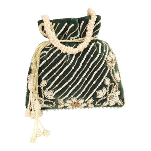 DMS RETAIL Handcrafted with Pearl Handle and Tassels | Embroidered Bridal Clutch for Weddings, Parties, and Gifting | Elegant Drawstring Potli for Women (GREEN)