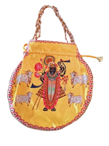 DMS RETAILShreenathji Potli | Shagun Pouch | Wedding Giveaways | Silk Potli With Belt In Shrinath Ji Design (YELLOW)