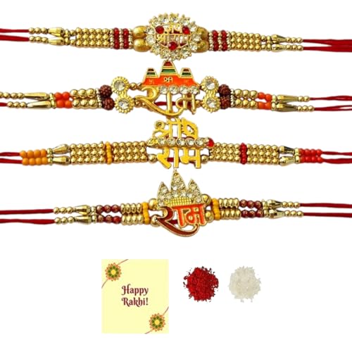 DMS RETAIL Set of 4 Ram Rakhi Moli For Brother With Roli Tilak Greetings Card Bracelet For Men