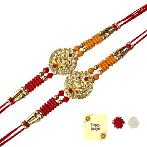 DMS RETAIL Om Rakshabandhan Rakhi | Om Rakhi bracelet for Brother/Bhai/Bhaiya | with Roli and Chawal And Greetings Card Moli Rakhi (Set of 2)