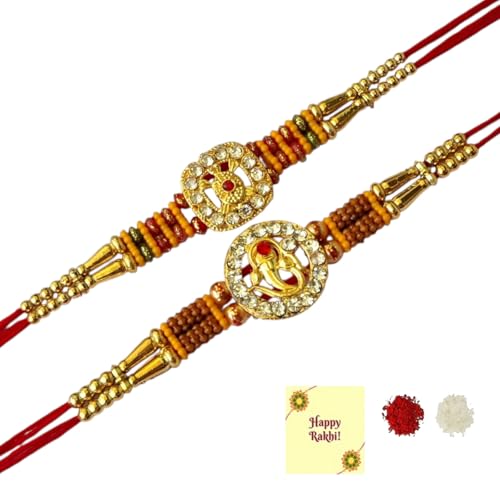 DMS RETAIL Set of 2 Diamond Studded Ganesh JI Bracelet Rakhi Moli For Brother With Roli Tilak Greetings Card
