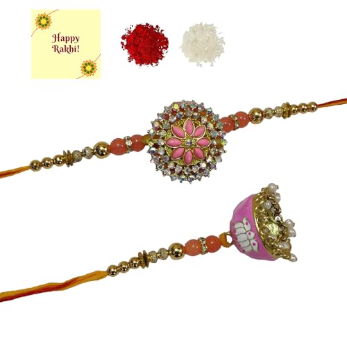 DMS RETAIL Set Of 1 Exclusive Bhaiya Bhabhi Rakhi Set Bhabhi Lumba Pair Rakhi Couple Rakhi For Bhaiya Brother Bhai Bhabhi With Roli Chawal And Greetings Card