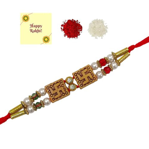 DMS RETAILDMS RETAIL Set of 1 Pearl Beads Studded Multicolor Swastik Rakhi Set for Brother with Roli Chawal