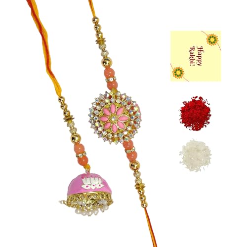 DMS RETAIL Set Of 1 Exclusive Bhaiya Bhabhi Rakhi Set Bhabhi Lumba Pair Rakhi Couple Rakhi For Bhaiya Brother Bhai Bhabhi With Roli Chawal And Greetings Card