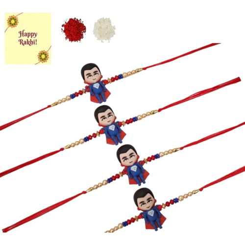 DMS RETAIL Rakhi for Brother | Super Man Rakhi for Brother | Raksha Bandhan | With Roli Chwal And Greetings cards Set Of 4