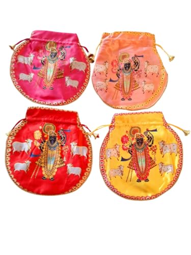 DMS RETAIL Shrinathji Digital Print Potli Bags for Gift, Shagun Potlis, Traditional Purse for Ladies, Potli Pouches with Pearl Handle, Shagun Potlis for Housewarming