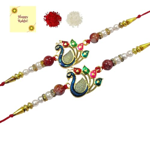 DMS RETAIL Beautiful Handmade Peacock Rakhi With Card For Brother (Pack of 4 Rakhi, Blue,Roli Chawal Greetings Card) Bhaiya rakhi, Rakhi For Brother, Peacock Rakhi, Rakhi Gift For Bhai