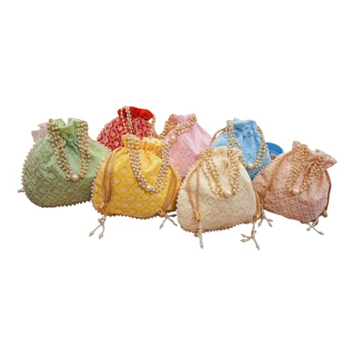 DMS RETAIL Chikankari Pattern Moti Handle Royal Batwa Bag Bridal Purse Women handbag Shagun Pouch Return Gifts for Ladies Women Wedding Return Gift Bags