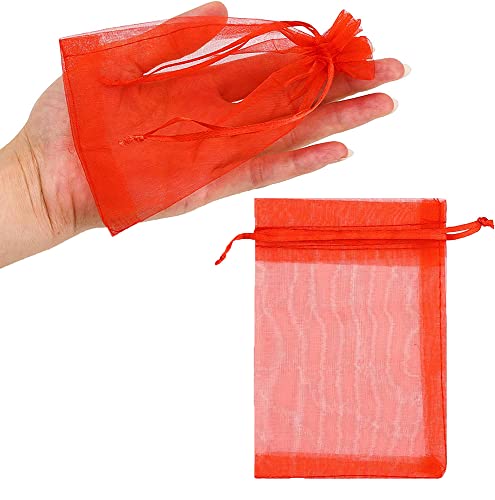 DMS RETAIL Plain Non Printed Clear - Organza Favor Jewellery Pouch, Shagun Potli Bags Drawstring Pouches For Wedding Plain Organza Bag Pouches Sheer Candy 13X18 CMS Pack Of 30 Bags (RED)