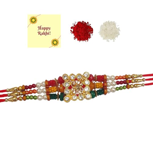 DMS RETAIL Lovely Kundan Bracelet Designer Gold Plated Rakhi for Brother With Roli Chawal & Greeting Card | Rakhi for Bhaiya | Rakhi for MEN | Kundan Rakhi | Set Of 2