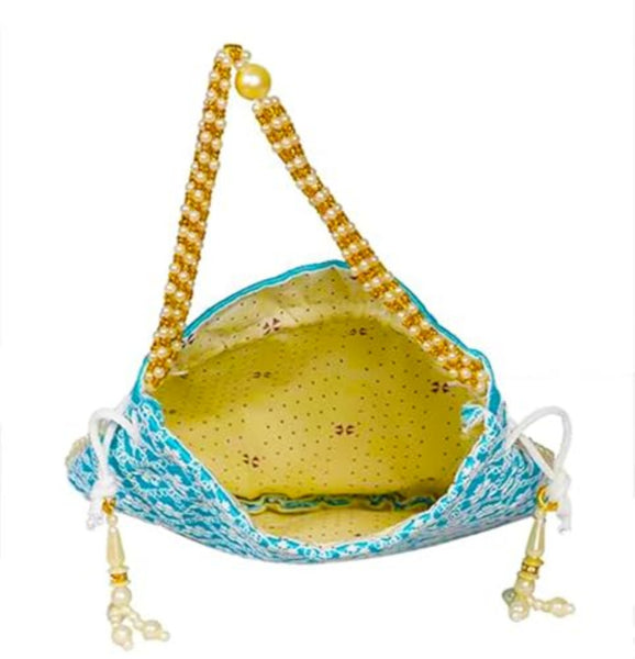 DMS RETAIL Chikankari Raw Silk drawstring Rajasthani Style Potli bags, Royal Clutch, Bridal Purse for Wedding, Batwa Bag, Shagun Potli Purse for Women, Potli bag for ladies return gift (SKY BLUE)