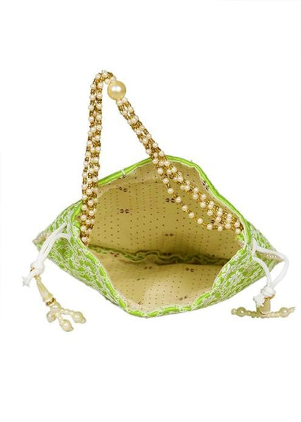 DMS RETAIL Chikankari Raw Silk drawstring Rajasthani Style Potli bags, Royal Clutch, Bridal Purse for Wedding, Batwa Bag, Shagun Potli Purse for Women, Potli bag for ladies return gift (GREEN)
