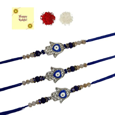 DMS RETAIL Arresting Evil Eye Meenakari Premium Rakhi for Brother With Roli Chawal & Greeting Card | Rakhi for Bhaiya | Rakhi for MEN | Evil Eye Meenakari Rakhi | Evil Eye Rakhi |Set Of 3