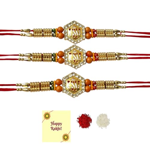 DMS RETAIL Glorious Gold Plated Ganesh Auspicious and Diamond Ring Rakhi with Roli Chawal and Greeting Card Pack Of 3
